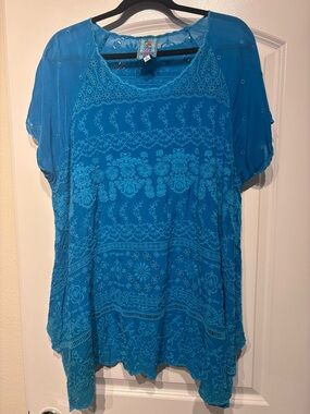 Johnny Was Teal Embroidered Short-Sleeve Tunic